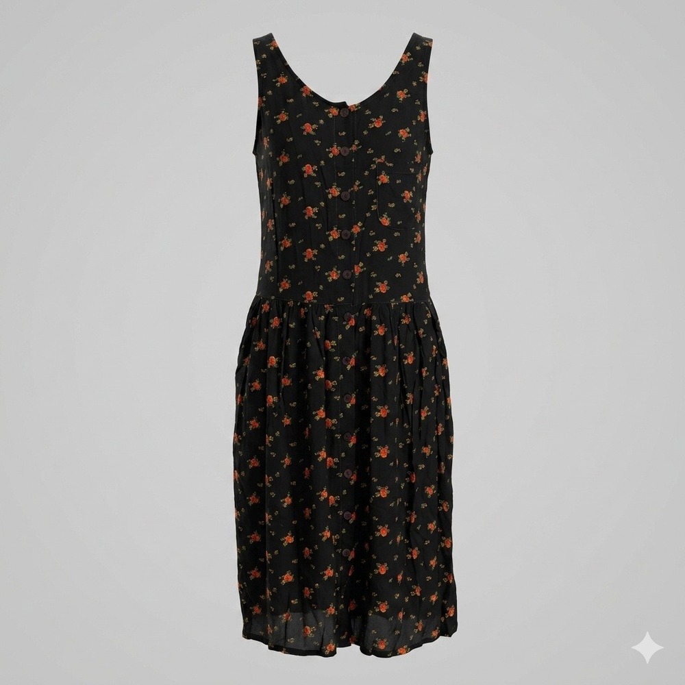 Karavan Vintage Black Floral Rayon Button Up Midi Dress Sleeveless Pockets M L